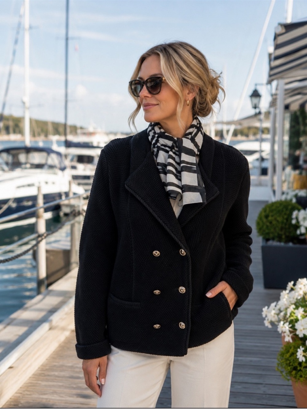 Escada Black Double-Breasted Knit Blazer with Gold-Tone Buttons